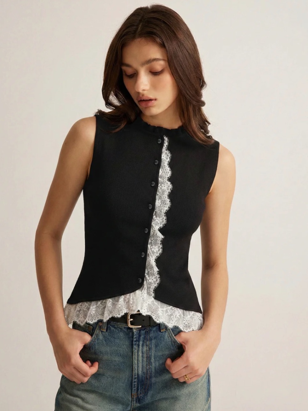 NEW Commense Lace Trim Button Front Knit Vest - Small